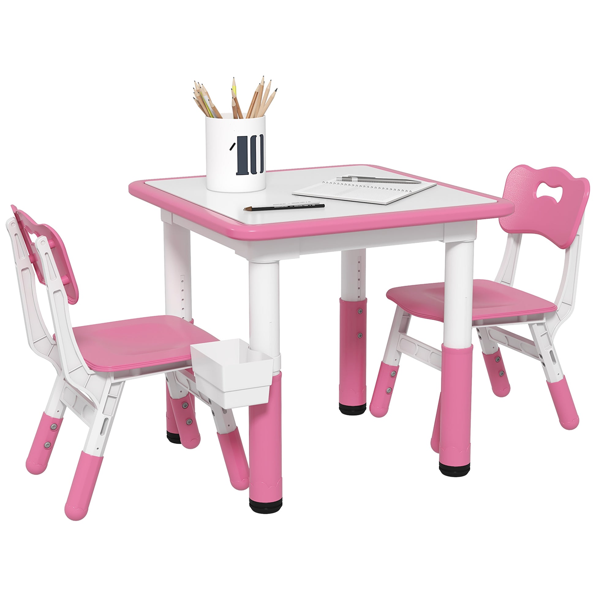 Qaba 3 Piece Kids Table And Chairs, Height Adjustable Toddler Table And Chair Set With Storage, Easy To Wipe Activity Table, 2 Chairs For Daycare Classroom & Ages 18 Months 5 Years, Pink Pink Mdf Metal