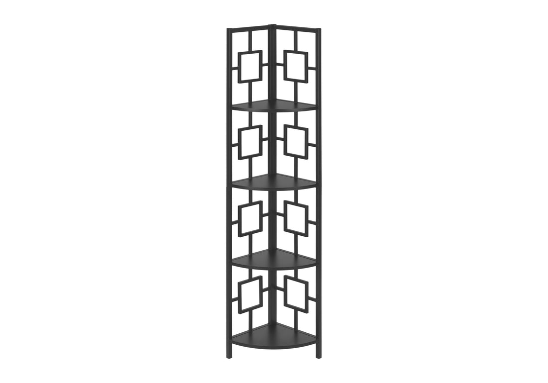 Bookshelf, Bookcase, Etagere, Corner, 4 Tier, 62"H, Office, Bedroom, Black Laminate, Black Metal, Contemporary, Modern Black Metal