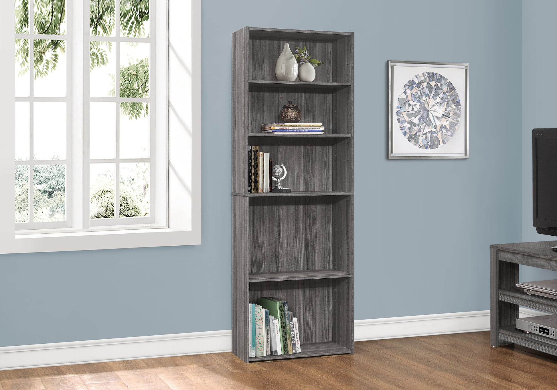 Bookshelf, Bookcase, 6 Tier, 72"H, Office, Bedroom, Grey Laminate, Transitional Grey Particle Board