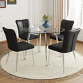 Table And Chair Set.A Modern Minimalist Round Dining Table With Transparent Tempered Glass Top And Silver Metal Legs,Paried With 4 Chairs With Pu Backrest And Seat Cushion And Silver Metal Legs. Black,Transparent Seats 4 Glass Metal