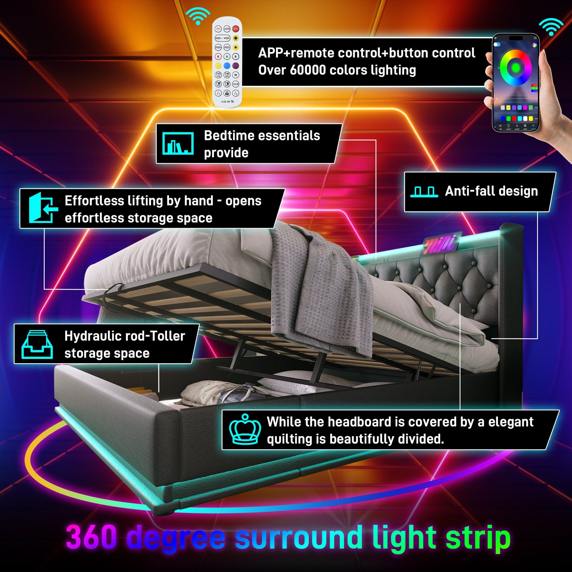 Full Size Upholstered Bed, 360 Surround Led Function, Buttons Apps Remote Control, Hydraulic Storage Bed With Usb Type C Charging, Black,Pu Without Mattress Full Black Pu