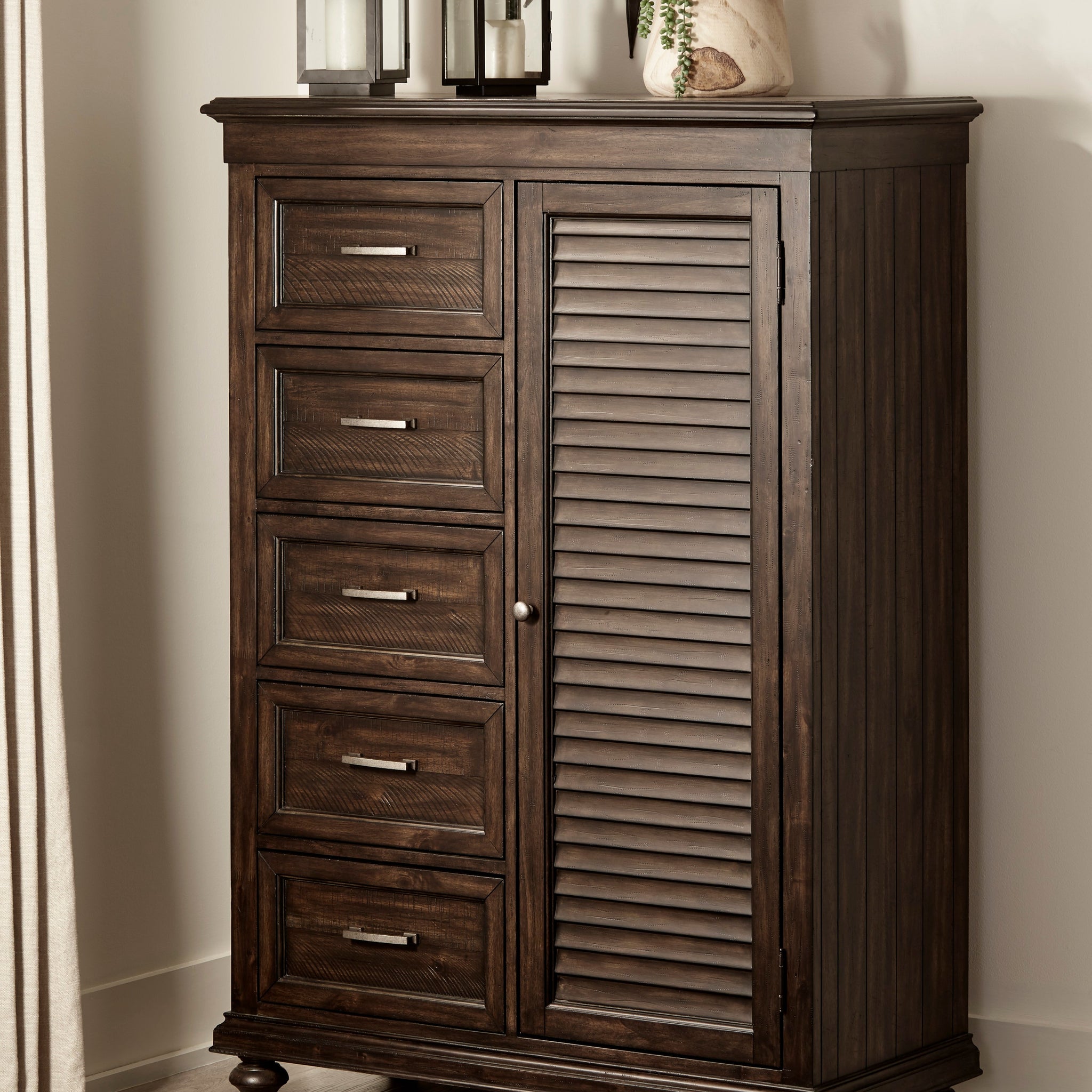 Solid Transitional Style Bedroom 1Pc Wardrobe Chest Of Drawers Adjustable Shelves Driftwood Charcoal Finish Wooden Furniture Traditional Framing Driftwood Bedroom Transitional Wood