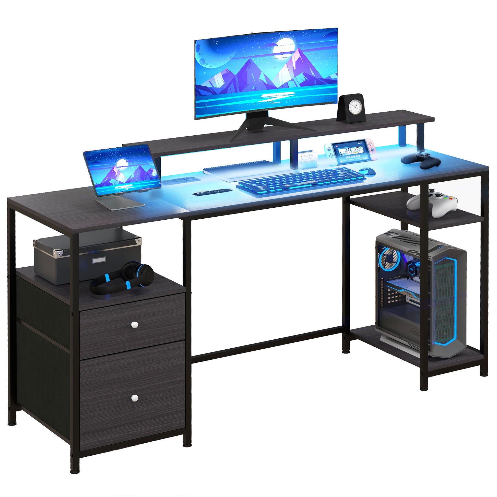 Homcom 61" Computer Desk With Led Lights, Power Outlets, And Usb Ports, Gaming Desk With Storage Shelves, Monitor Stand, Fabric Drawers & Remote For Home Office Study, Distressed Black Black Particle Board