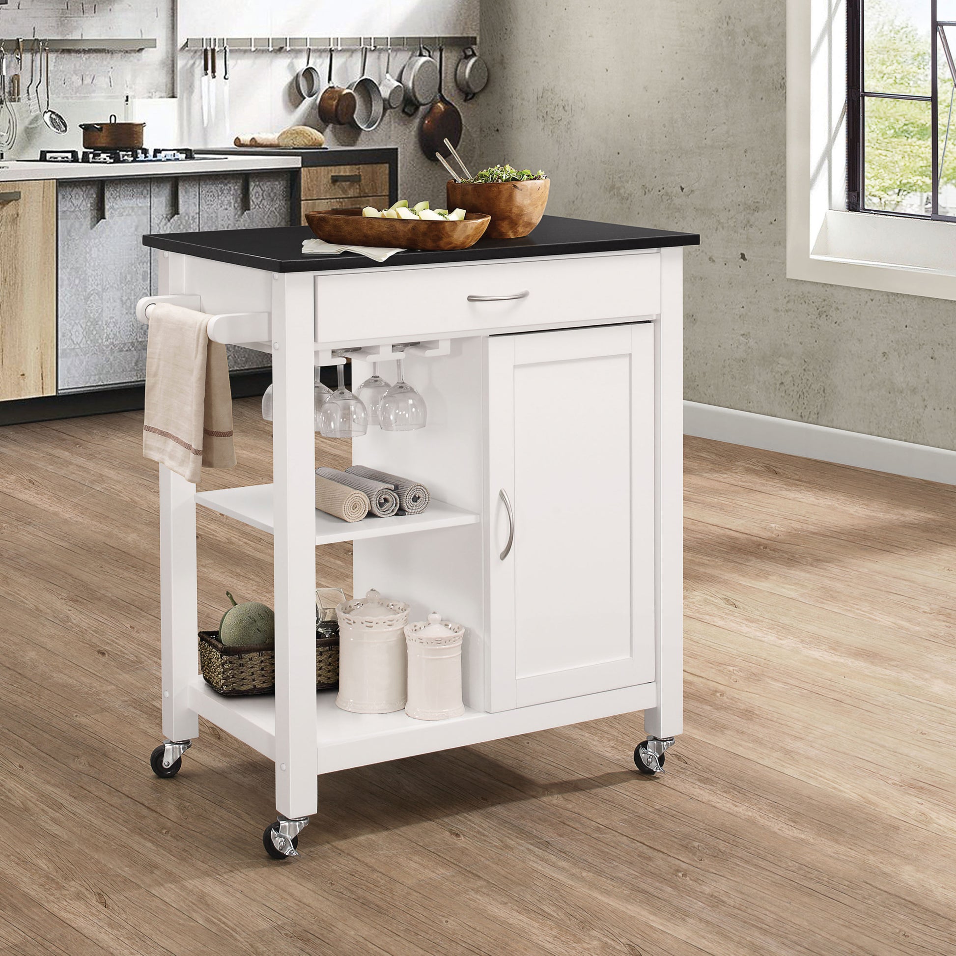 Black And White Kitchen Cart With 1 Cabinet White Black Dining Room Transitional Rectangular Kitchen Carts Rubberwood Wood