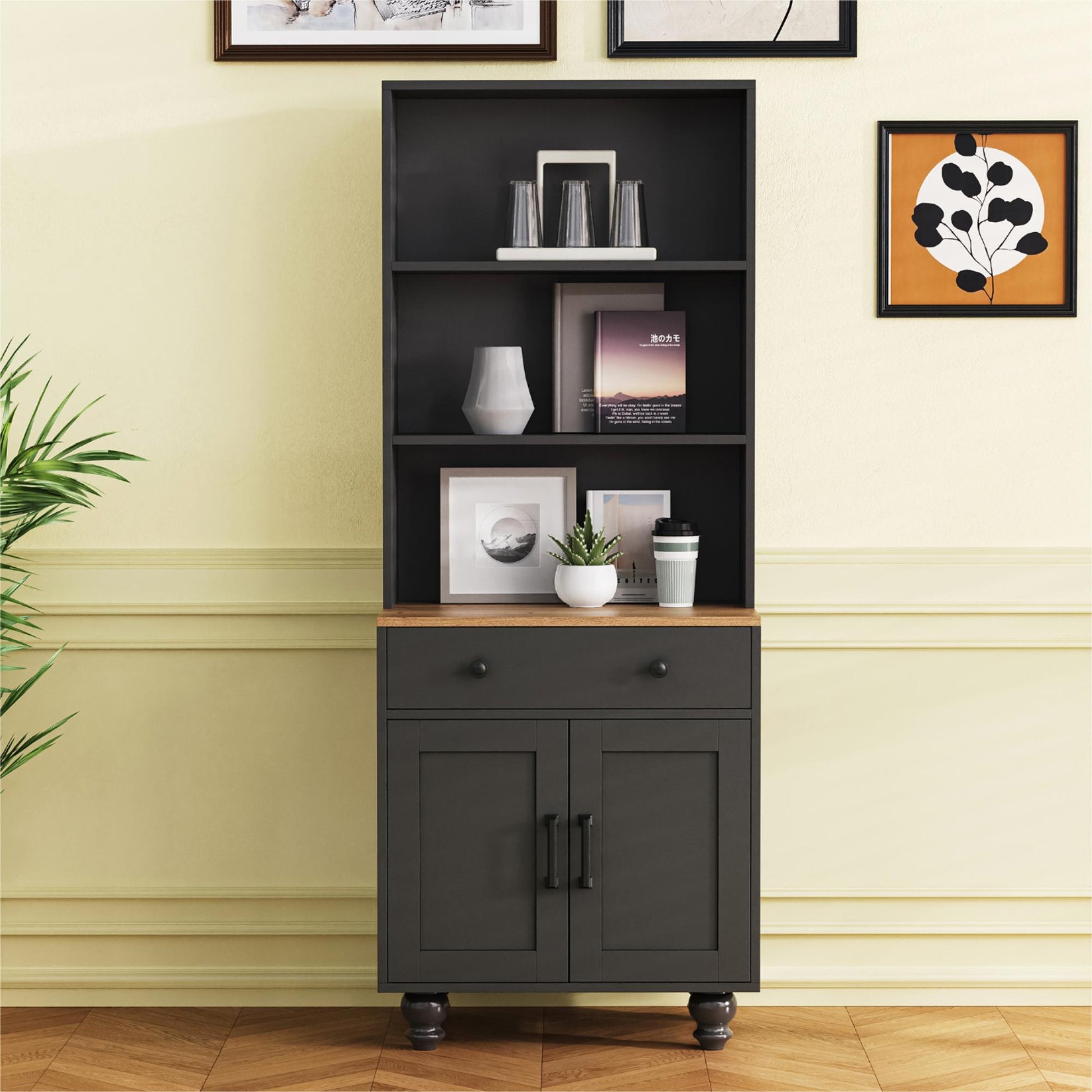 Farmhouse Storage Cabinet With 4 Solid Wood Gourd Shaped Legs, Modern Kitchen Pantry Cabinet With Adjustable Shelves, 5 Tier Bookshelf With Drawer For Living Room, Black Black Dark Walnut Primary