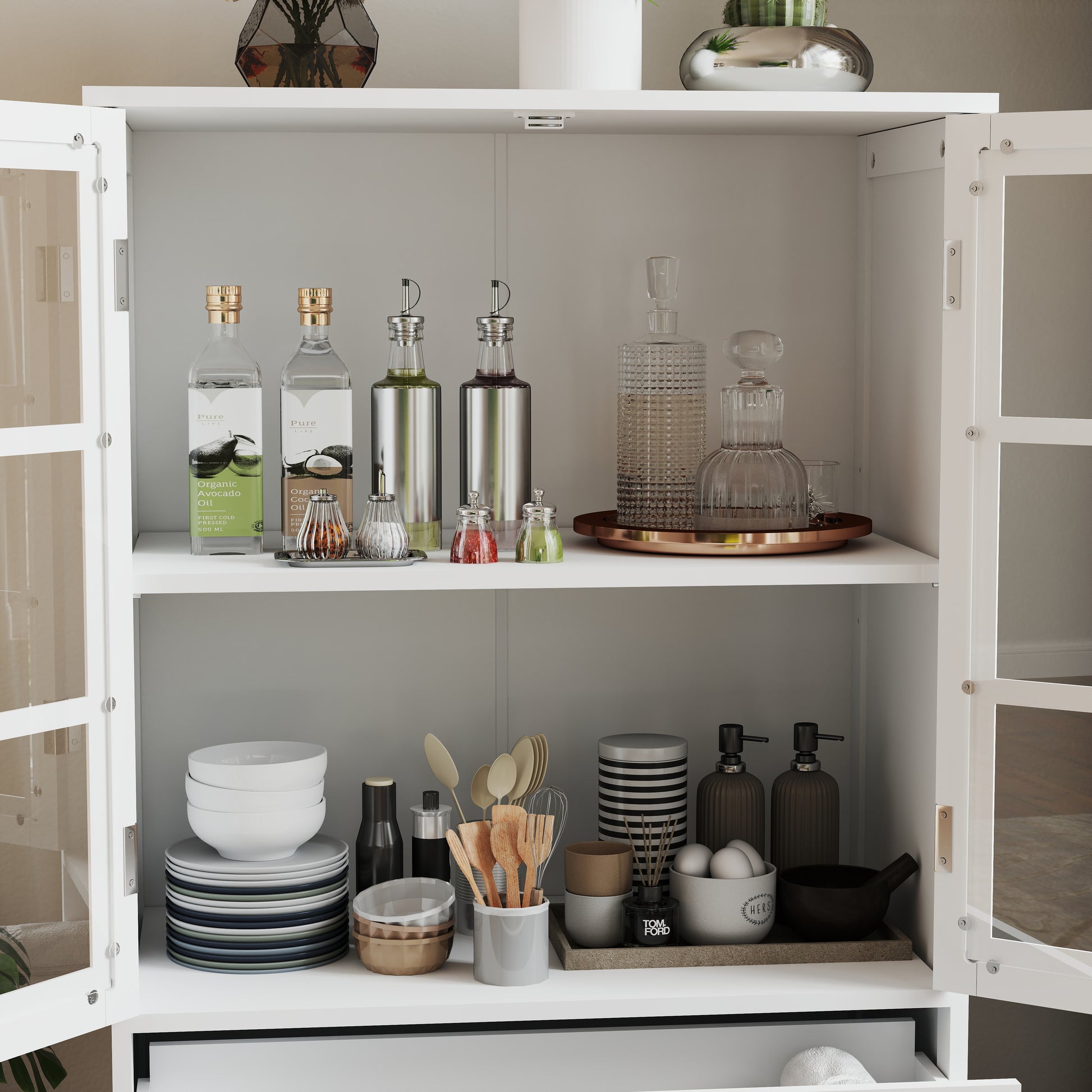 Minimalist White Buffet Cabinet With Double Glass Doors And Drawer, Modern Wooden Storage Sideboard Cupboard For Living Room, Dining Room Hallway Entryway Freestanding White Primary Living Space