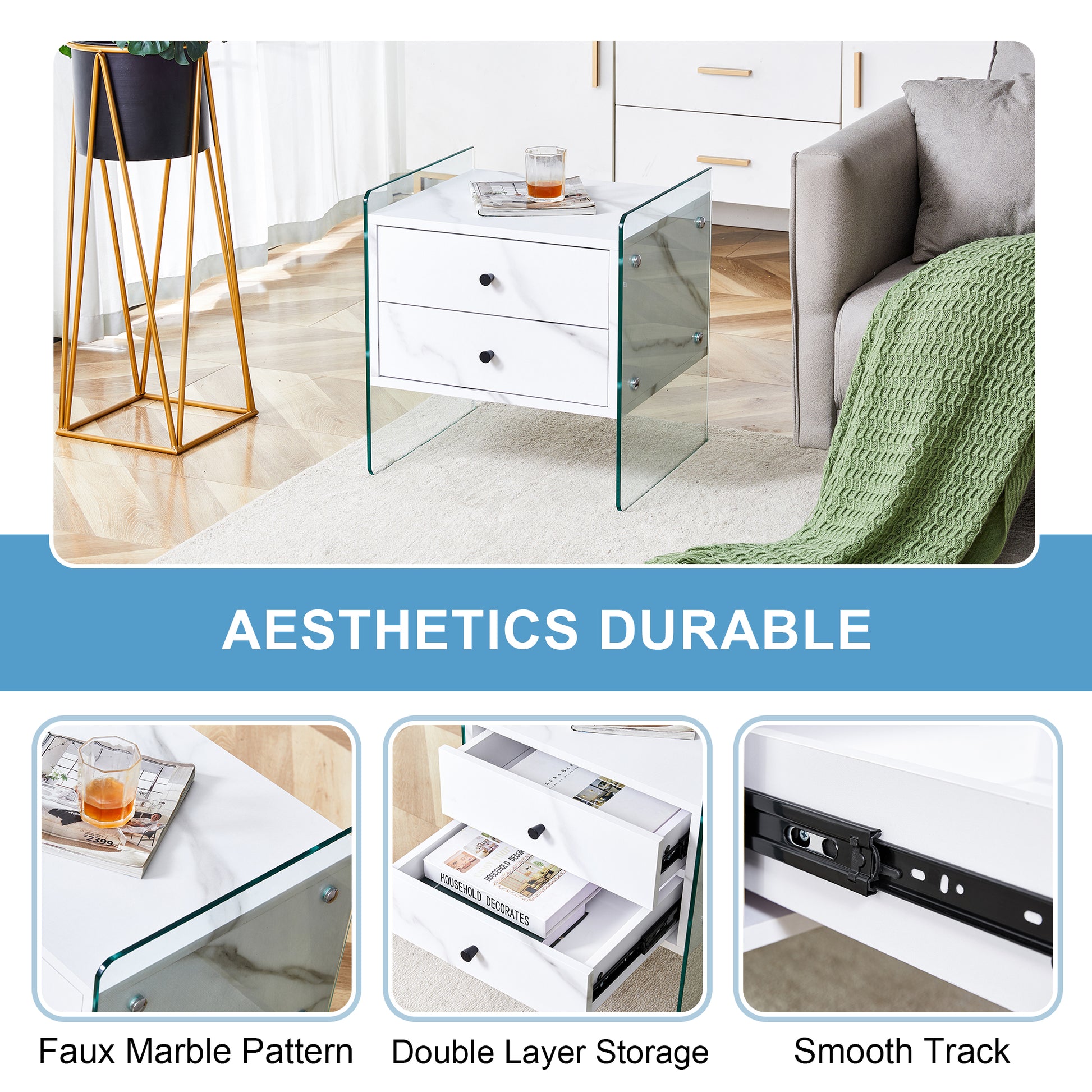 Double Drawer Bedside Table. The Board Surface Is Mdf Sticker, And Both Sides Are Transparent Tempered Glass. The Design Is Simple And Elegant, With Excellent Storage Functions. White Mdf