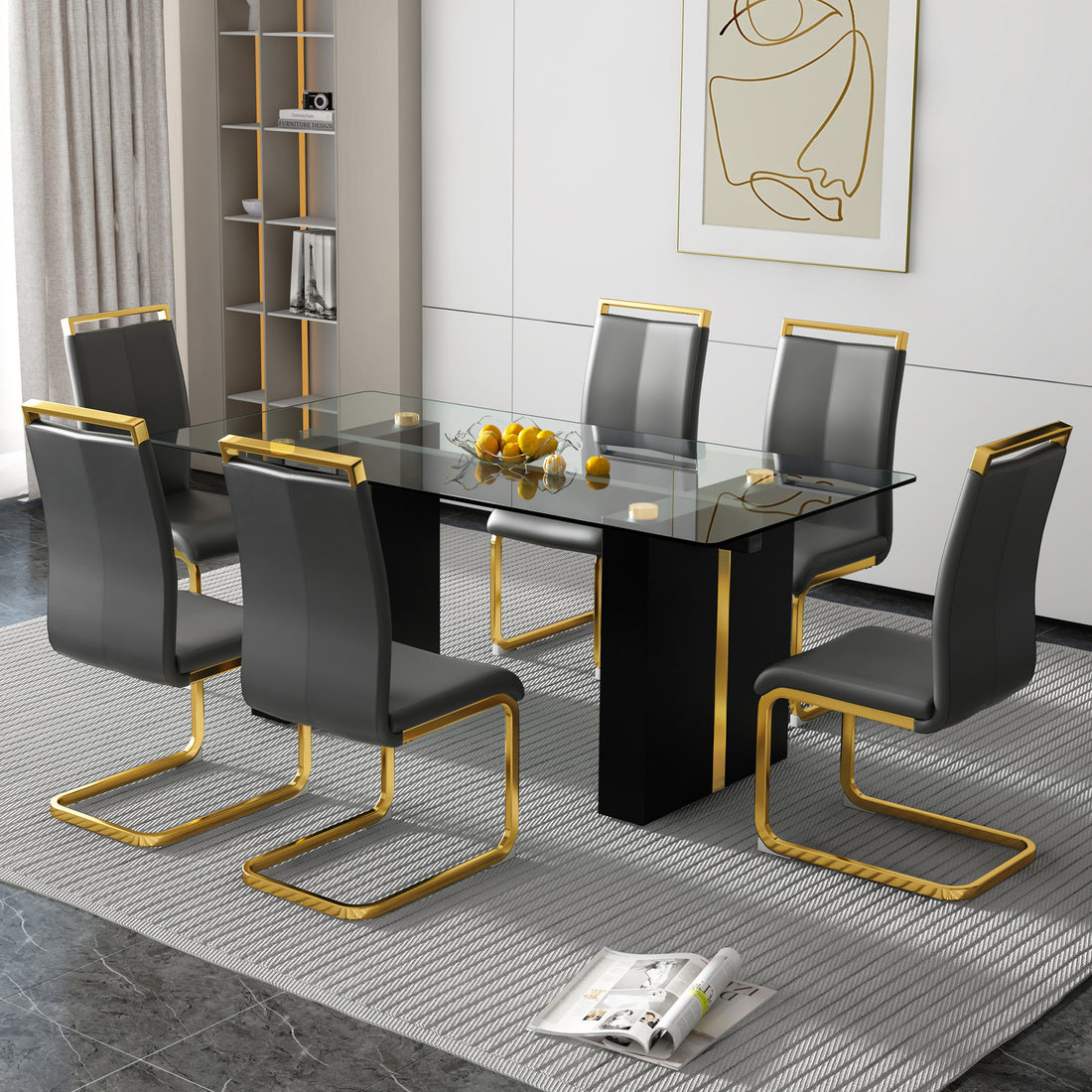 Table And Chair Set, Large Modern Minimalist Rectangular Glass Table, Can Accommodate 6 8 People, Equipped With Tempered Glass Tabletop And Large Mdf Table Legs, Comfortable And Minimalist Chairs. Transparent Glass