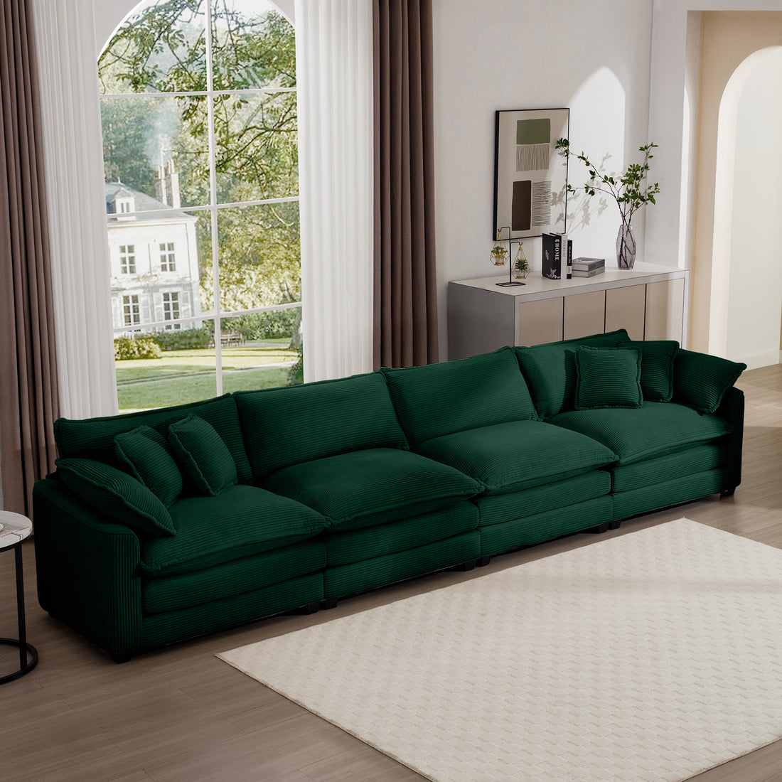 Corduroy Sofamodern Upholstered 4 Seater Corduroy Fabric Sofaoffice Living Room Apartment Comfortable Sofa, Easy To Assemble With 2 Arm Pillows And 4 Throw Pillows Green Corduroy 4 Seat