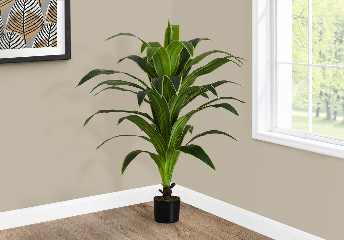 Artificial Plant, 47" Tall, Dracaena Tree, Indoor, Faux, Fake, Floor, Greenery, Potted, Real Touch, Decorative, Green Leaves, Black Pot Green Plastic