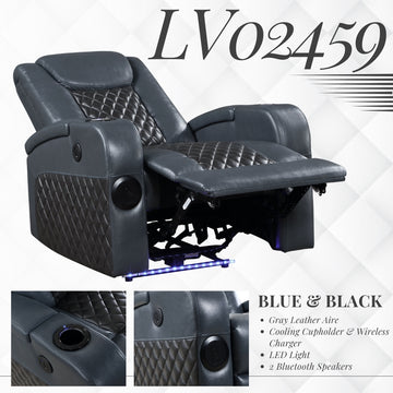 Blue And Black Power Recliner With Bluetooth Black Blue Faux Leather Manual Handle Metal Primary Living Space Tight Back Modern Handle Square Arms Faux Leather