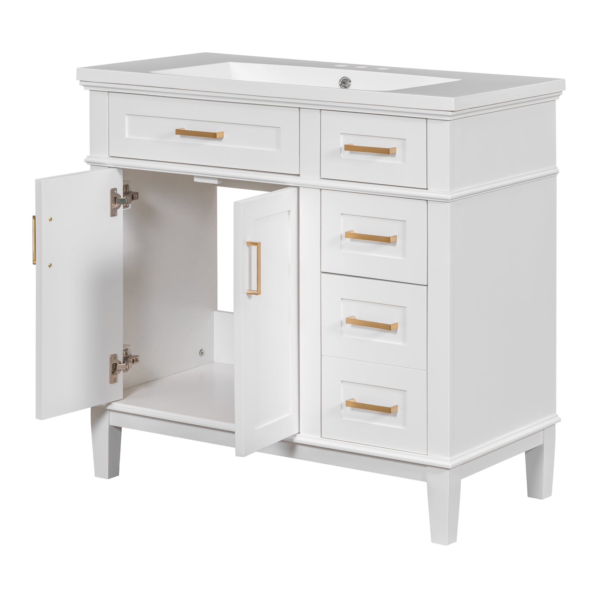 36 Inch Bathroom Vanity With Resin Sink, Modern Bathroom Cabinet In White,Featuring Two Soft Close Doors And Four Drawers White Bathroom Solid Wood Mdf Resin