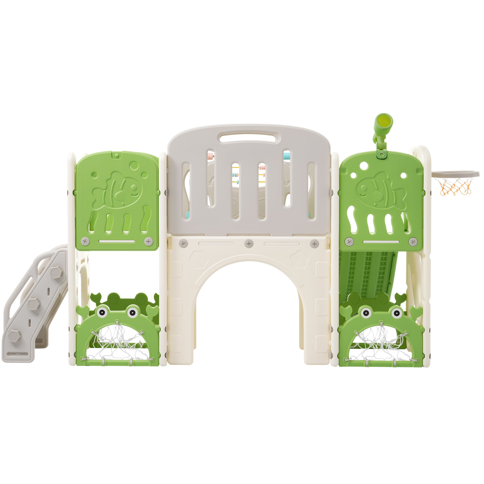 11 In 1 Toddler Slide, Kids Slide For Toddler Age 1 3 With Basketball Hoop, Kids Slide Playset Structure,Arch Tunnel And Telescope, Toy Storage Organizer For Toddlers, Kids Climbers Playground Green Cute 1 To 2 Years Hdpe Indoor & Outdoor Use