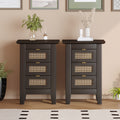 Wooden Nightstands Set Of 2 With Rattan Woven Surfaces And Three Drawers, Exquisite Elegance With Natural Storage Solutions For Bedroom, Black Black Particle Board