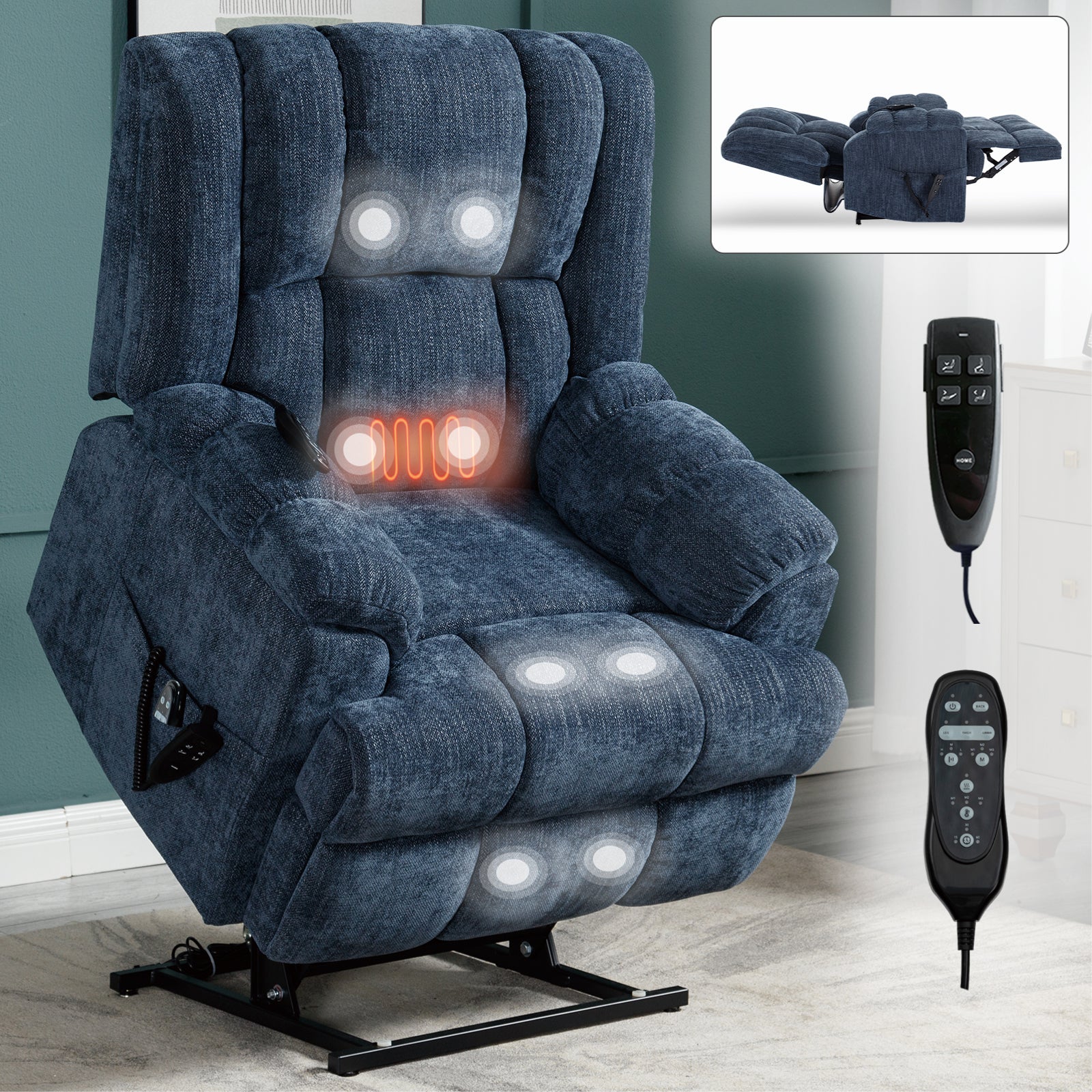 Dual Motor Heat Massage Infinite Position Up To 350 Lbs Electric Power Lift Recliners With Power Remote, Medium Firm And Heavy Duty, Blue Blue Chenille Power Remote Metal Primary Living Space Medium Firm Pillow Back Heavy Duty American Design Pine Pillow