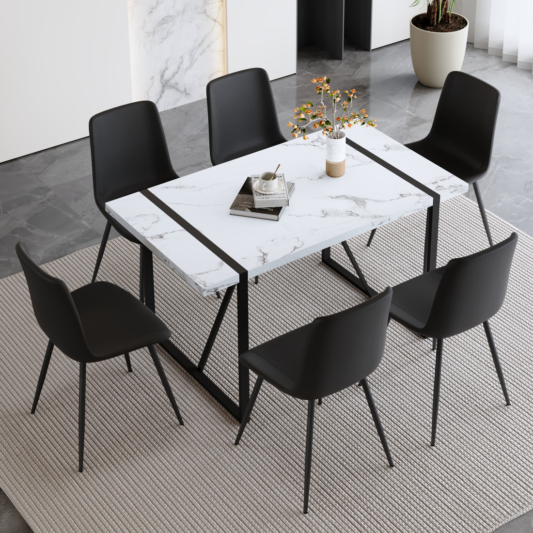 Table And Chair Set.A Modern Minimalist White Marble Veined Mdf Dining Table With Metal Frame.Paried With 6 Chairs With Pu Cushions And Black Metal Legs. Black,White Seats 6 Mdf Metal