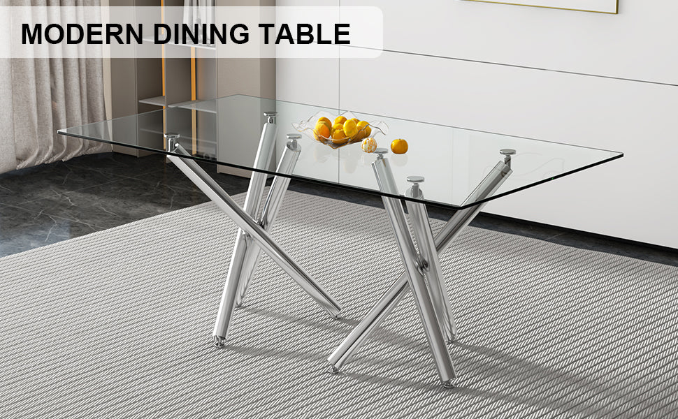 Large Modern Minimalist Rectangular Glass Dining Table For 6 8 With 0.39" Tempered Glass Tabletop And Silver Chrome Metal Legs, For Kitchen Dining Living Meeting Room Banquet Hall, 71' X39''X 30''1538 Transparent Glass