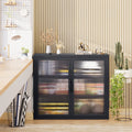 Retro Style Haze Double Glass Door Wall Cabinet With Detachable Shelves For Office, Dining Room,Living Room, Kitchen And Bathroom Black Black Tempered Glass Sheet Metal Plastic