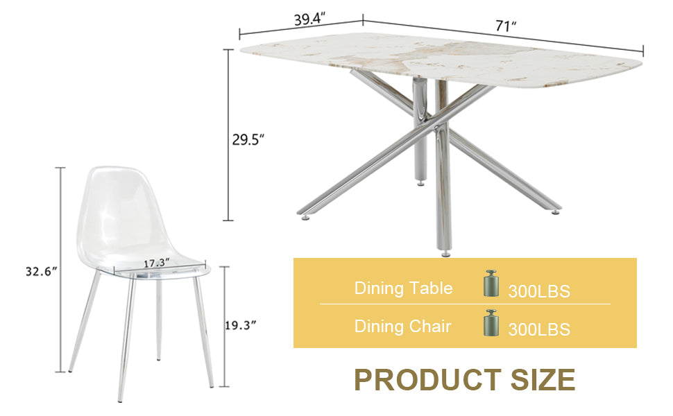 Table And Chair Set.Modern Luxurious White Marble Patterned Tempered Glass Dining Table Set With Transparent Pp Chairs.8 Transparent High Quality Pp Dining Chairs With Silver Legs. White Silver