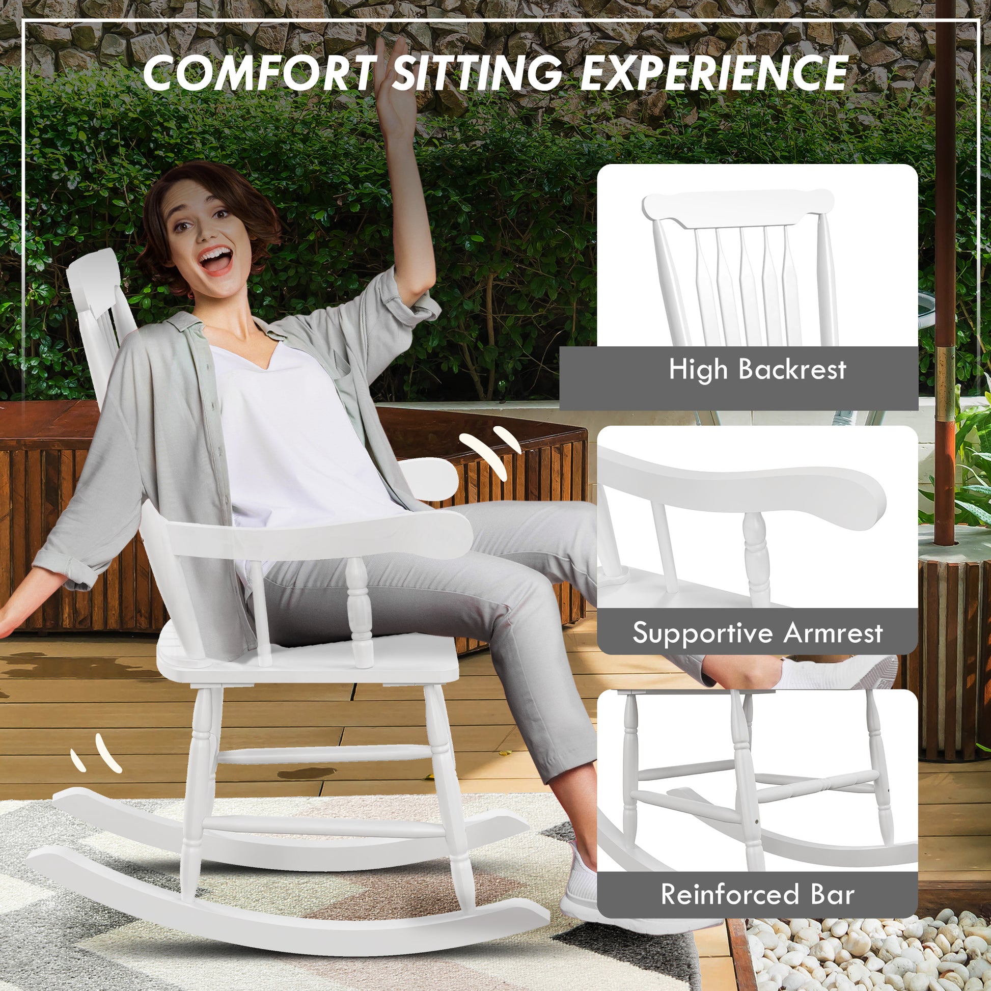 Outsunny Outdoor Wood Rocking Chair, 350 Lbs. Porch Rocker With High Back For Garden, Patio, Balcony, White White Wood