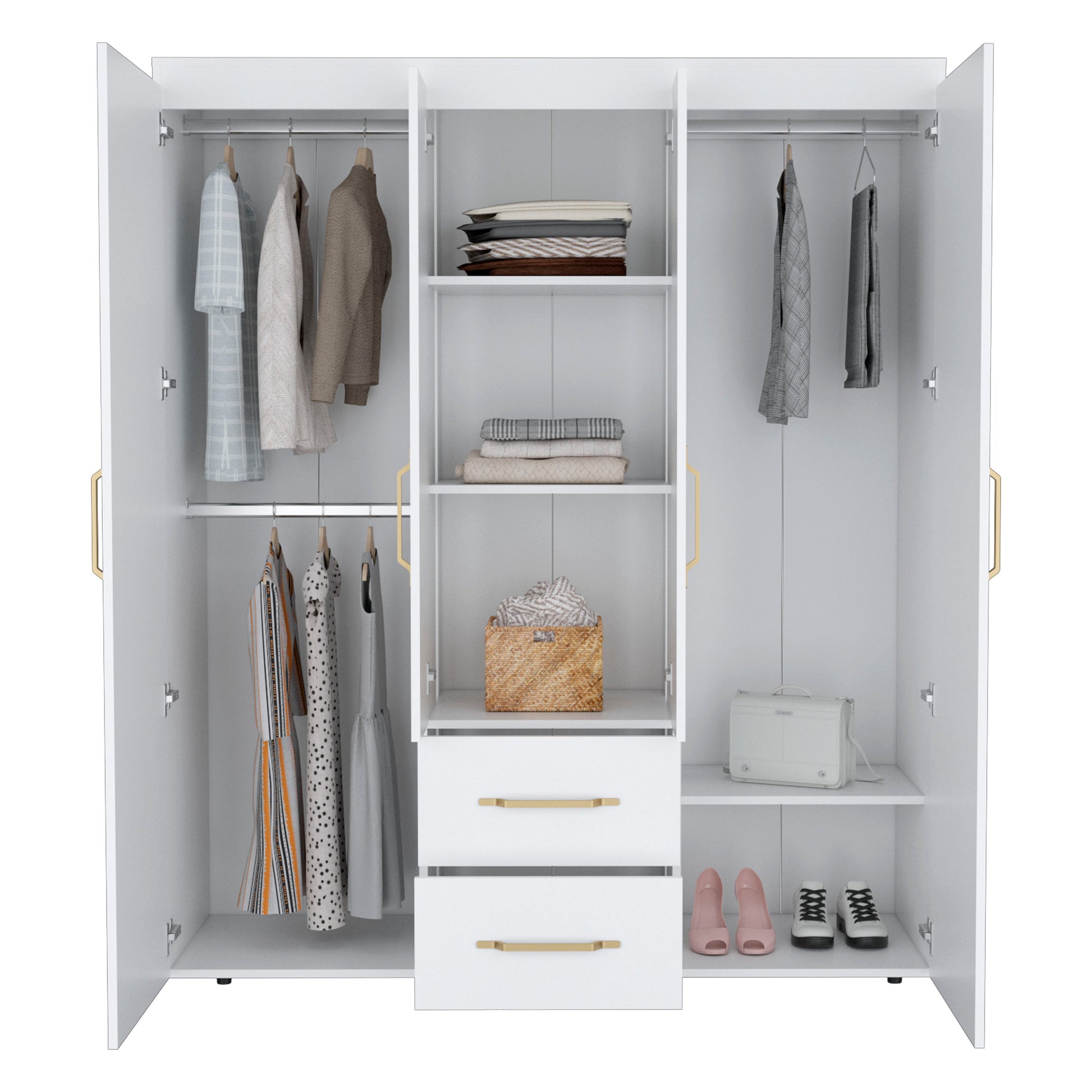 Bariloche Wardrobe, Multi Section Storage With Hanging Rods, Shelves, And 2 Drawers White White Bedroom Modern Particle Board