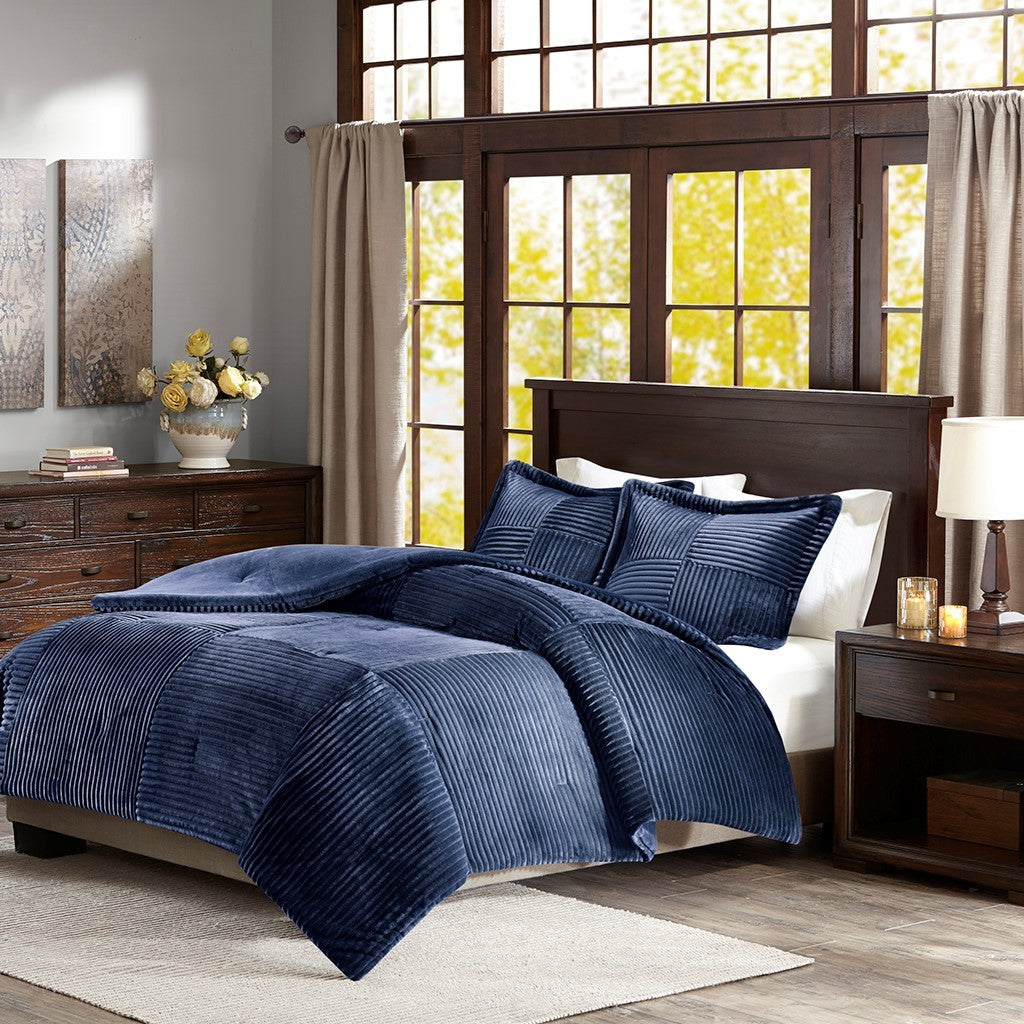 Plush Down Alternative Comforter Set King Navy Polyester