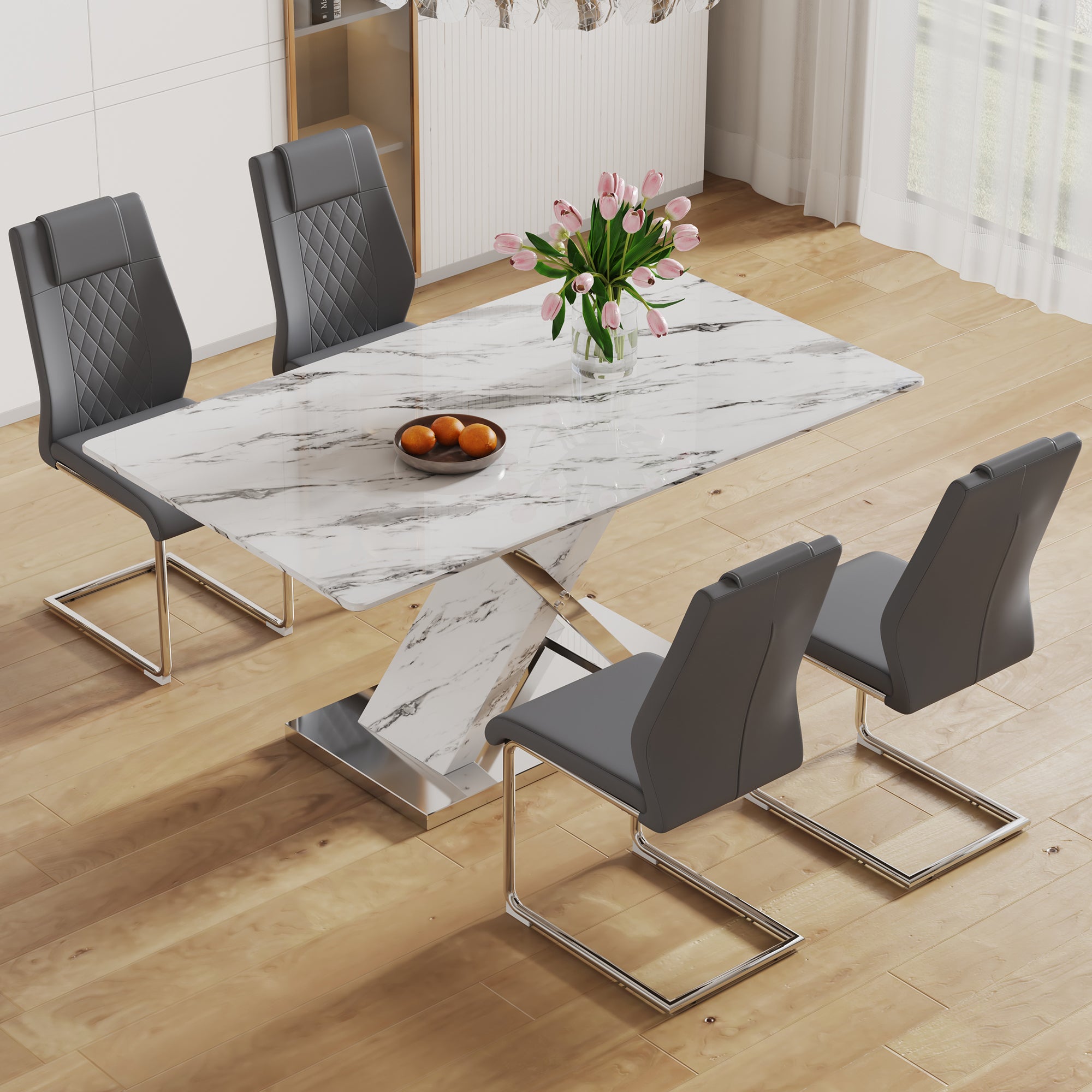 Table And Chair Set, Modern Dining Table, Imitation Marble White Top And Silver Legs, Soft And Comfortable Dining Chair, Perfect For Dinner, Meetings, Home And Office Decor Grey Silver Glass Metal