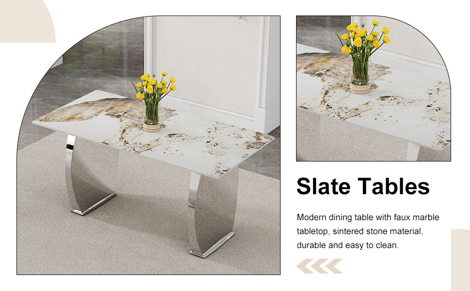 Modern Rectangular Dining Table, Imitation Marbled Rock Plate Table Top, Stainless Steel Table Legs, Suitable For Kitchen, Dining Room, Living Room 63 Inches * 31.4 Inches. Silver Sintered Stone