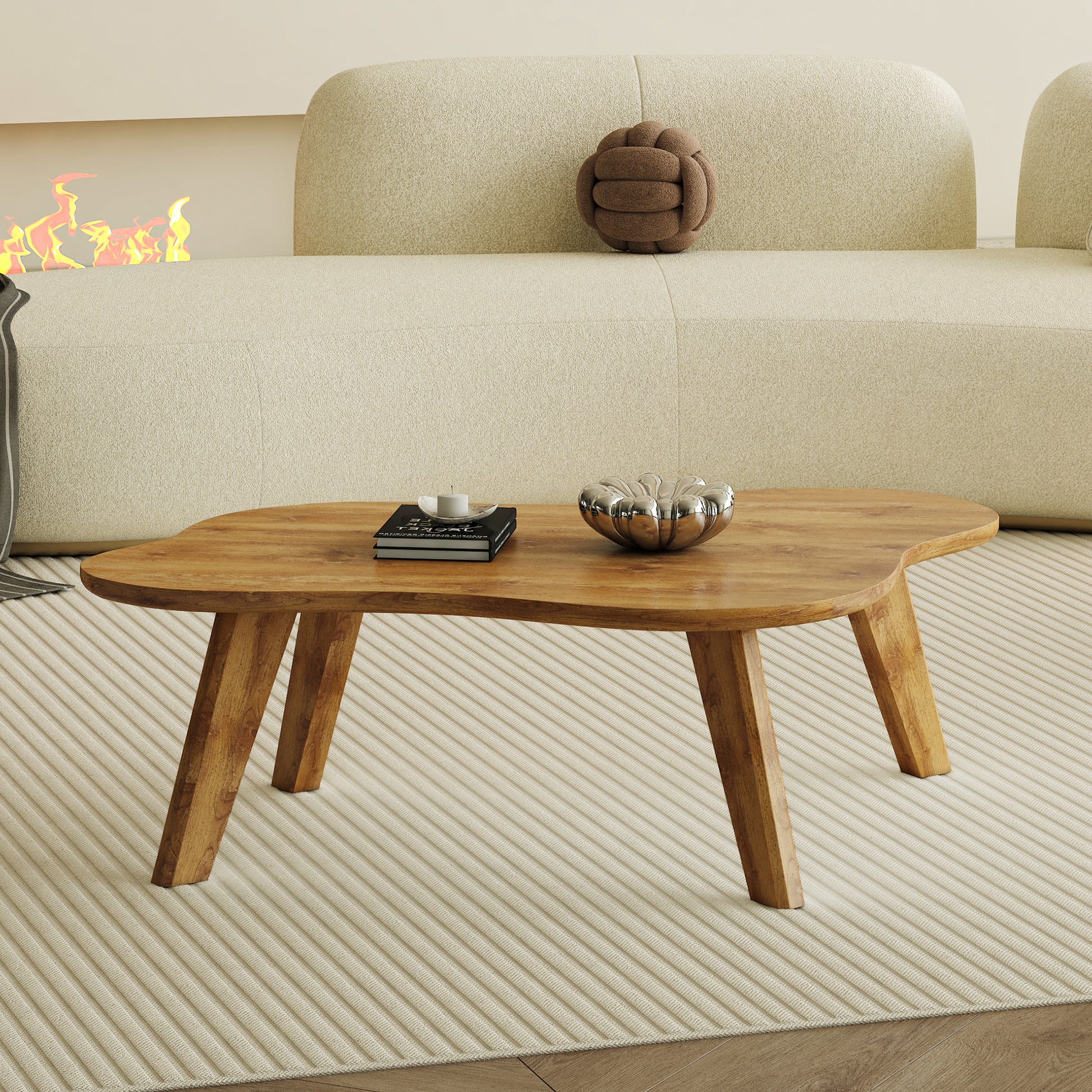 Modern Minimalist Wood Color Table Top. Solid Wood Legs, Cloud Shape To Give You A Experience, Computer Desk. The Game Table. Suitable For Dining And Living Rooms. Wood Mdf