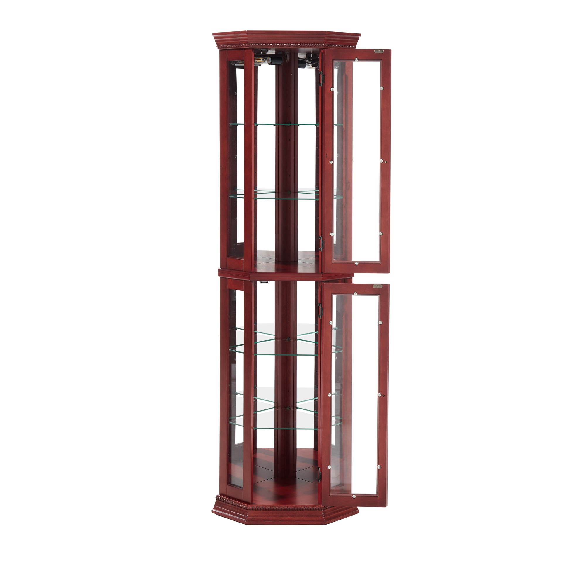 Corner Curio Cabinet Lighted Corner Display, Glass Display Shelf Shelving Bar Cabinet With Tempered Glass Door, Bar Cabinet,Cabinet With Adjustable Shelf Glass Cabinet Shelves Bead Bulb Included Cherry Mdf Glass