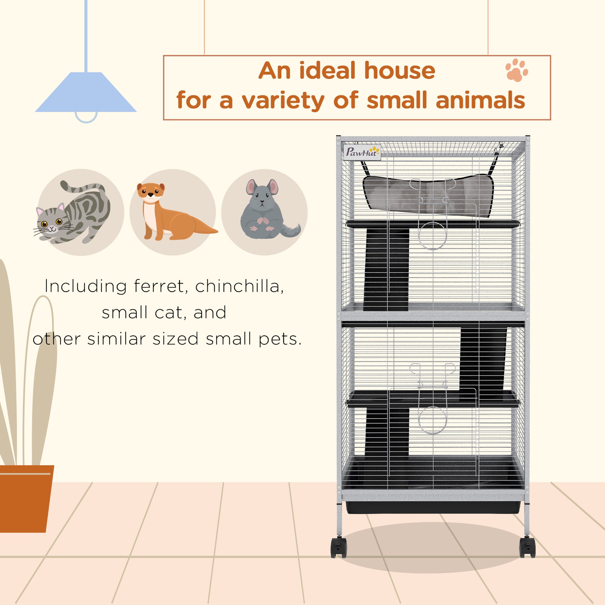 Pawhut Metal Small Animal Cage Rolling Big Ferret Cage, Chinchilla Cage, Sugar Glider Cage, With Hammock & 4 Tiers, Removable Tray, White White Steel