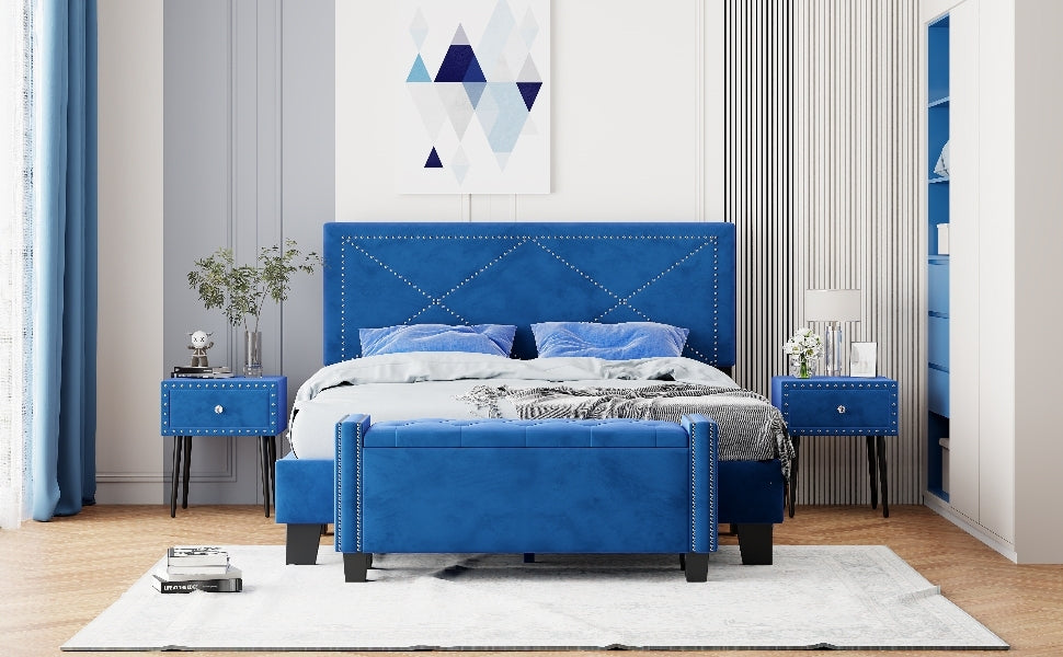 4 Pieces Bedroom Sets Queen Size Upholstered Bed Frame With Rivet Design,Nightstands And Tufted Storage Ottoman,Blue Box Spring Not Required Queen Blue 4 Piece Set Solid Wood Mdf