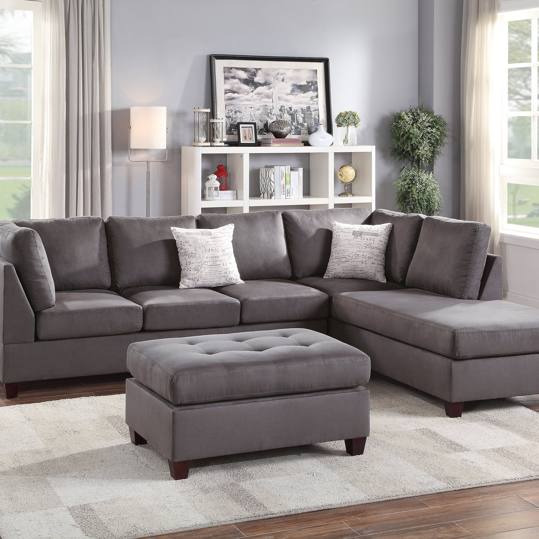 Contemporary 3Pc Reversible Sectional Sofa Set W Ottoman Grey Microfiber Cushion Sofa Chaise Ottoman Couch Pillows Grey Microfiber Wood Primary Living Space Cushion Back Contemporary,Modern L Shaped Rubberwood Particle Board 5 Seat