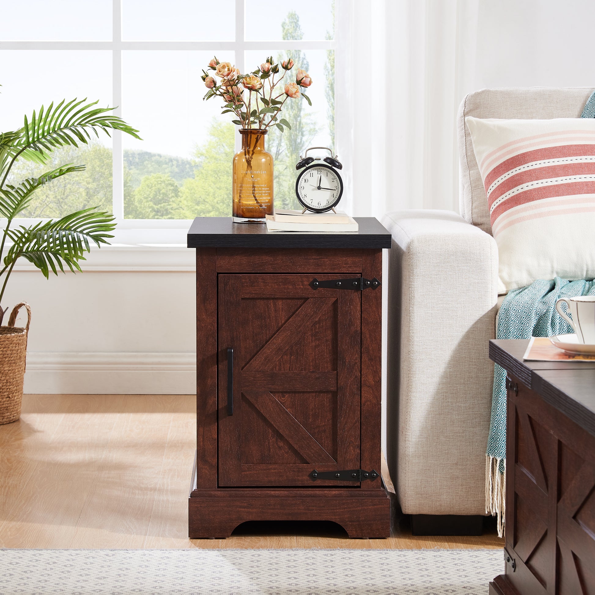 Farmhouse End Table Nightstand Rectangular Farmhouse End Table With Barn Door And Adjustable Storage Shelf, Rustic Sofa Side Table For Living Room, Bedroom, Oak Oak Mdf