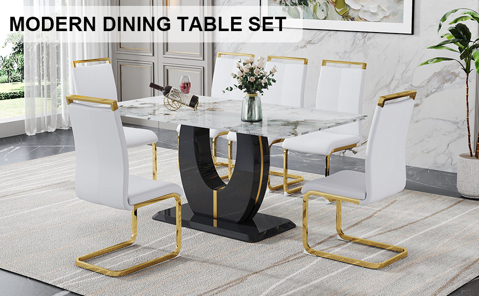 Table And Chair Set, Modern Dining Table, Patterned Table Top And Black Mdf Table Leg, Soft And Comfortable Dining Chair, Perfect For Dinner, Meetings, Home And Office Decor White Black Mdf Glass