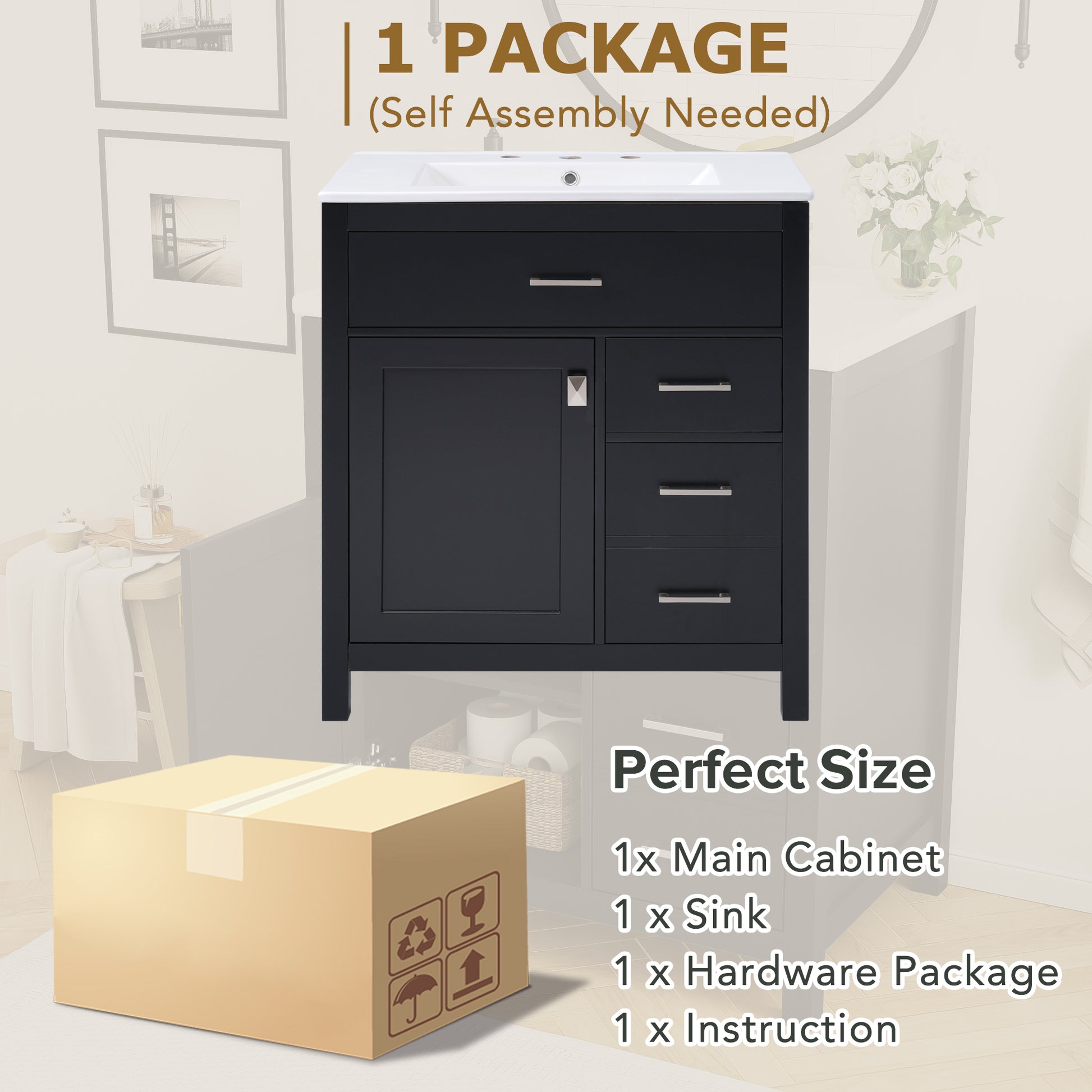 30 Inch Black Bathroom Vanity With Ceramic Sink And Large Storage Ideal Choice For Small Bathrooms Black Bathroom Solid Wood Mdf