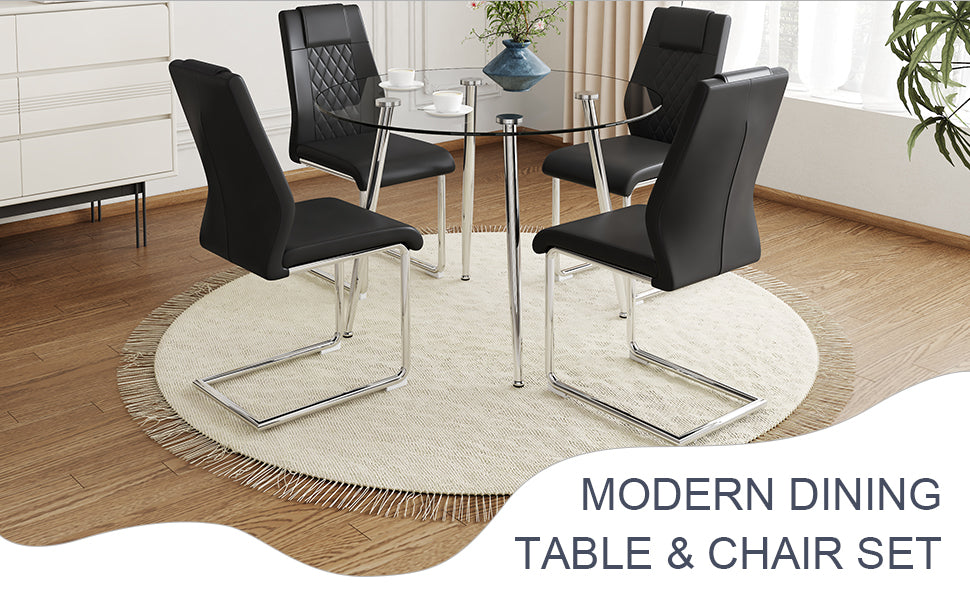 Table And Chair Set.A Modern Minimalist Round Dining Table With Transparent Tempered Glass Top And Silver Metal Legs,And 4 Chairs With Pu Backrest And Seat Cushion And Silver C Tube Metal Legs. Black,Transparent Seats 4 Glass Metal