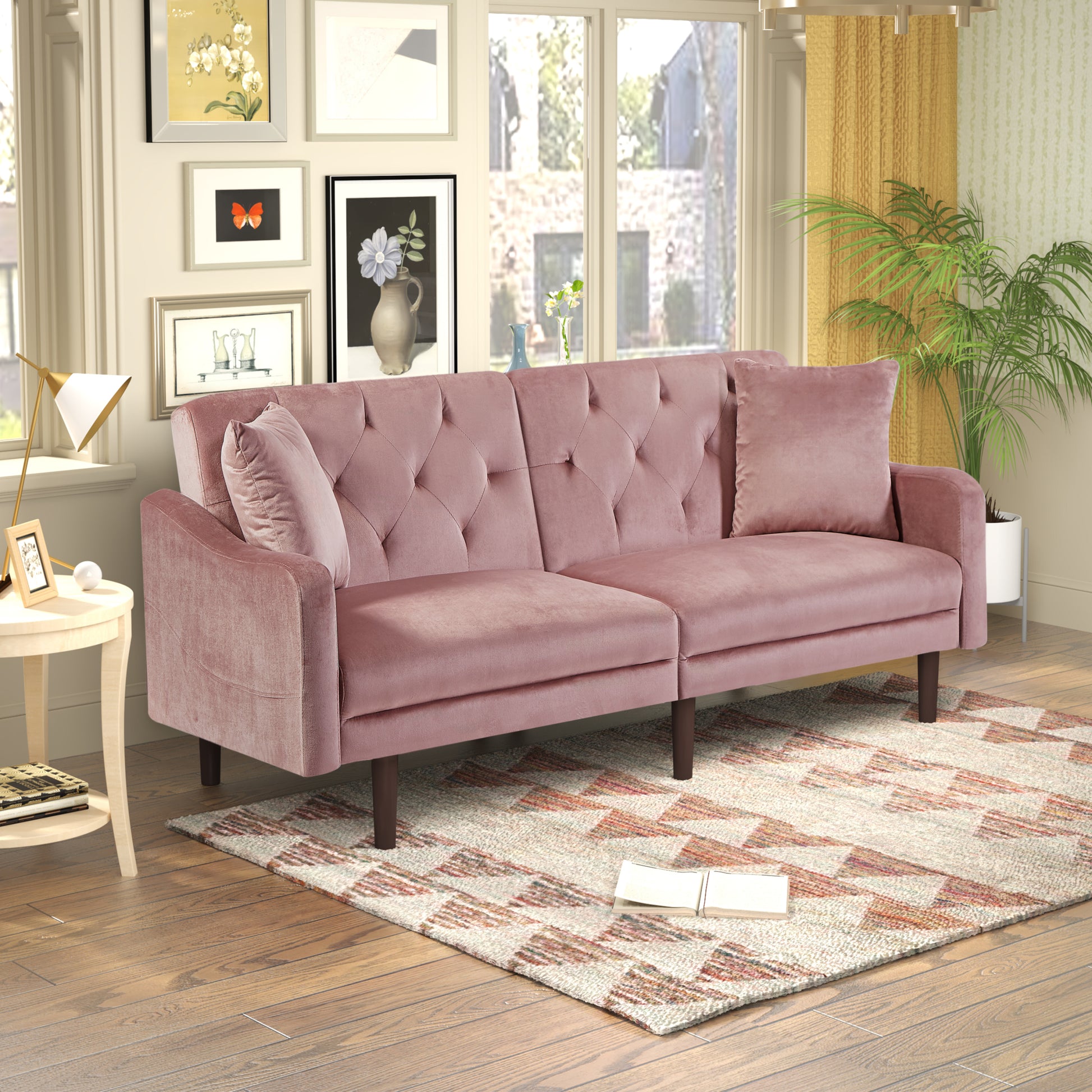 Sofa Bed With Armrests,74 Inch Variable Bed Pink White Wood Medium Firm Eucalyptus Foam Velvet 3 Seat