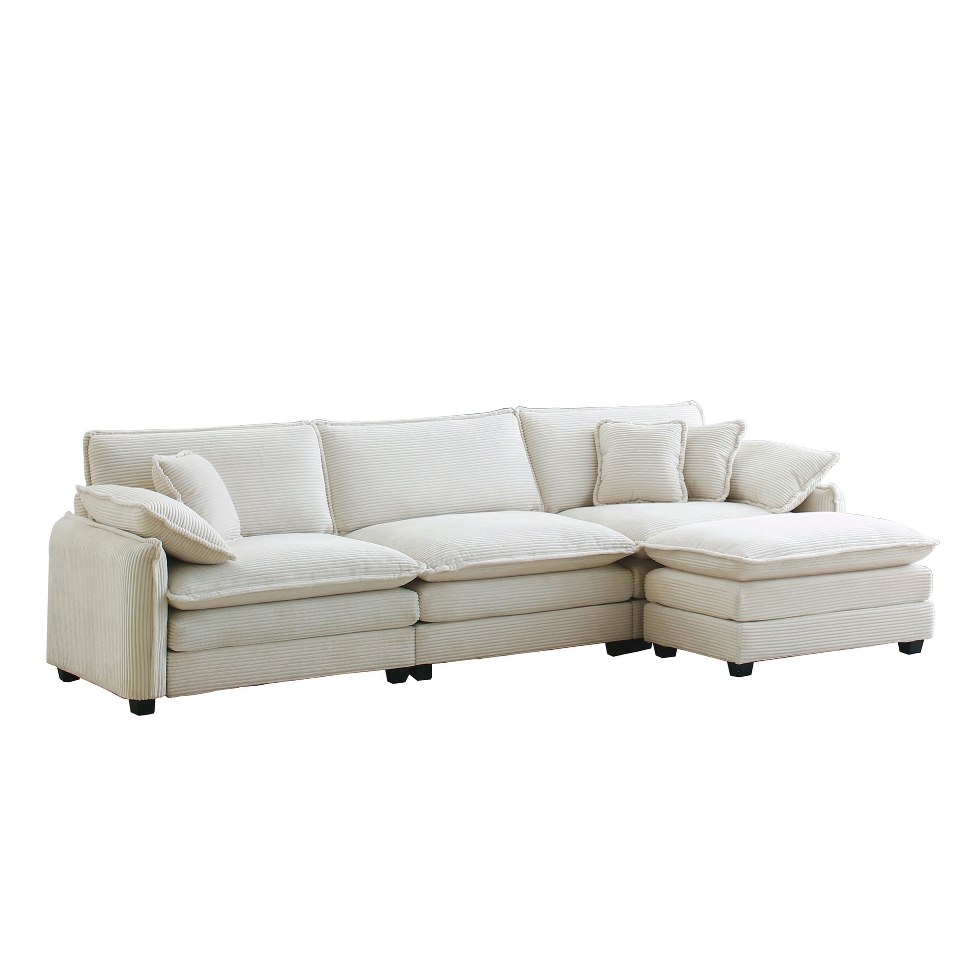Oversize 3 Seater Sofa With One Footrest, L Shaped Sectional Sofa With Ottoman For Living Rooms, White Corduroy Sofa White Corduroy 3 Seat