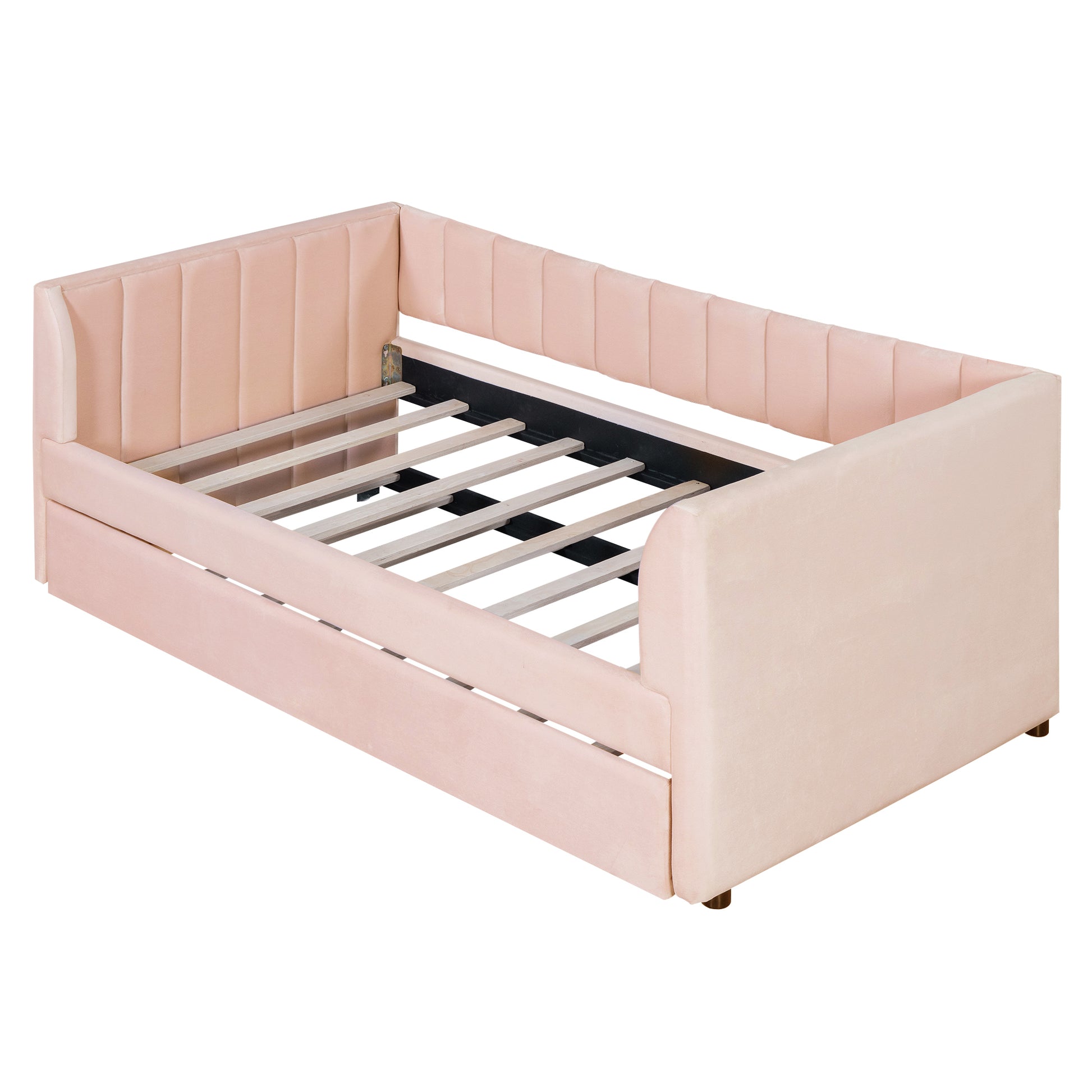 Twin Size Upholstered Velvet Daybed With Trundle, Pink Box Spring Not Required Twin Pink Wood Bedroom Bed Frame Velvet Upholstered