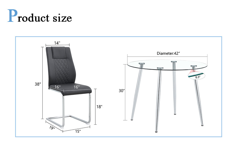 Table And Chair Set.A Modern Minimalist Round Dining Table With Transparent Tempered Glass Top And Silver Metal Legs,And 4 Chairs With Pu Backrest And Seat Cushion And Silver C Tube Metal Legs. Black,Transparent Seats 4 Glass Metal