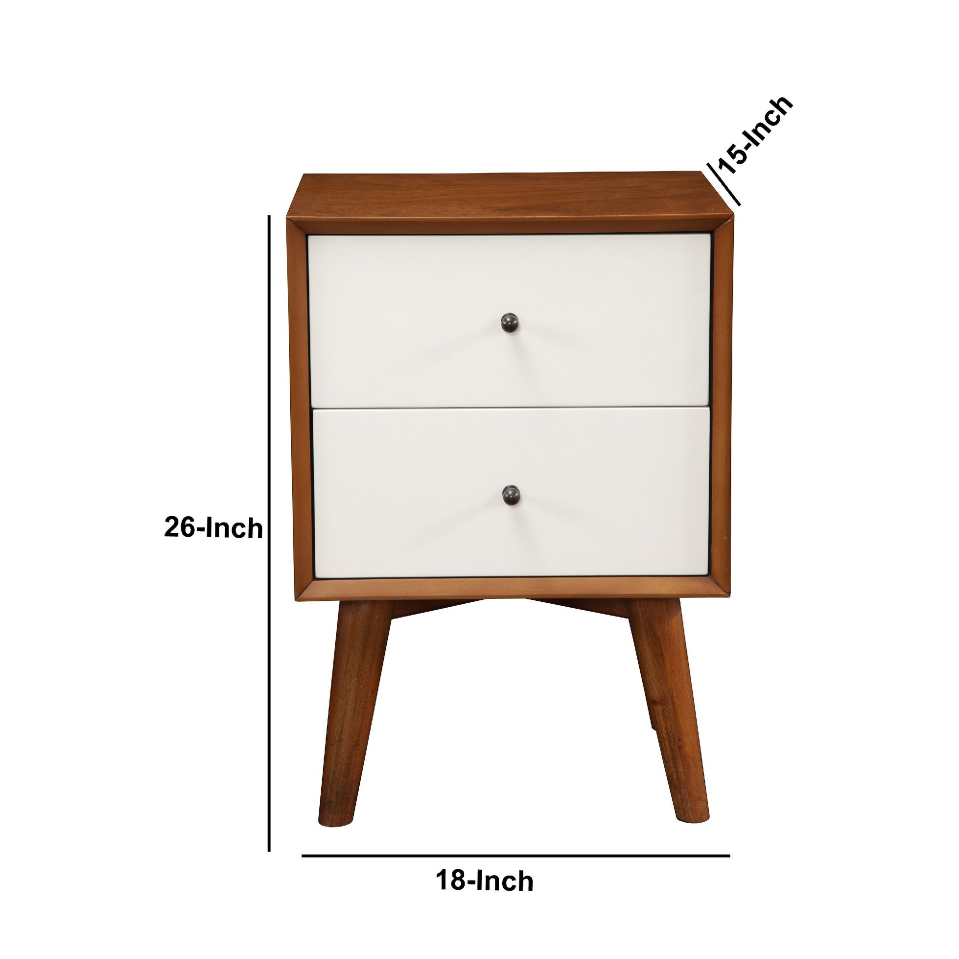 Stylish Wooden Nightstand With Two Drawers And Flared Legs, Brown And White Brown White Solid Wood