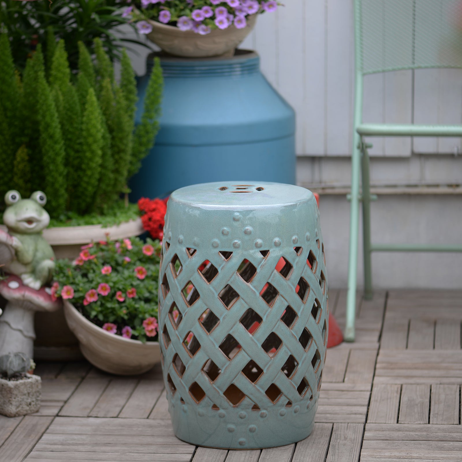 Outsunny 13" X 18" Ceramic Garden Stool With Woven Lattice Design & Glazed Strong Materials Decorative End Table, Antique Blue Blue Porcelain
