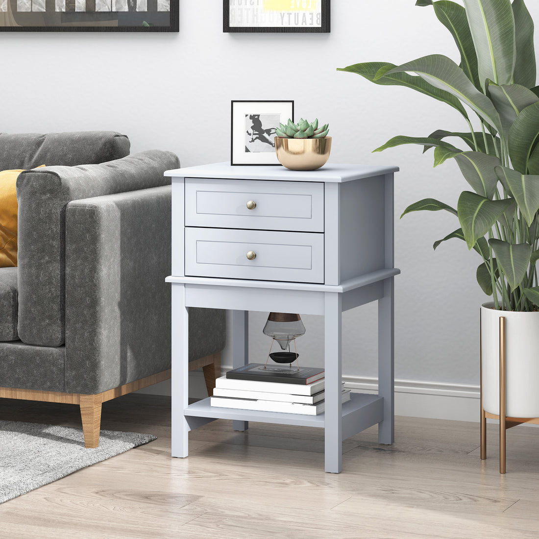 Homcom Side Table With 2 Storage Drawers, Modern End Table With Bottom Shelf For Living Room, Home Office, Light Gray Light Grey Mdf