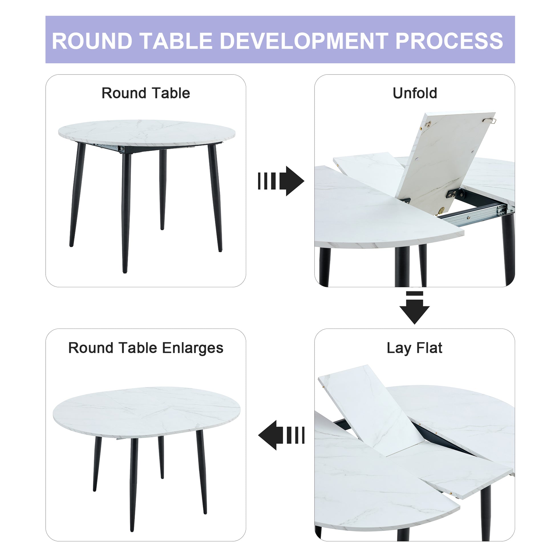 Table And Chair Set.Modern Extendable Mdf Dining Table.The Table Has A Telescopic Design, Suitable For Gatherings Of Different Size.Paired With 4 Chairs With Pu Cushions And Black Metal Legs. Black,White Seats 4 Mdf Metal