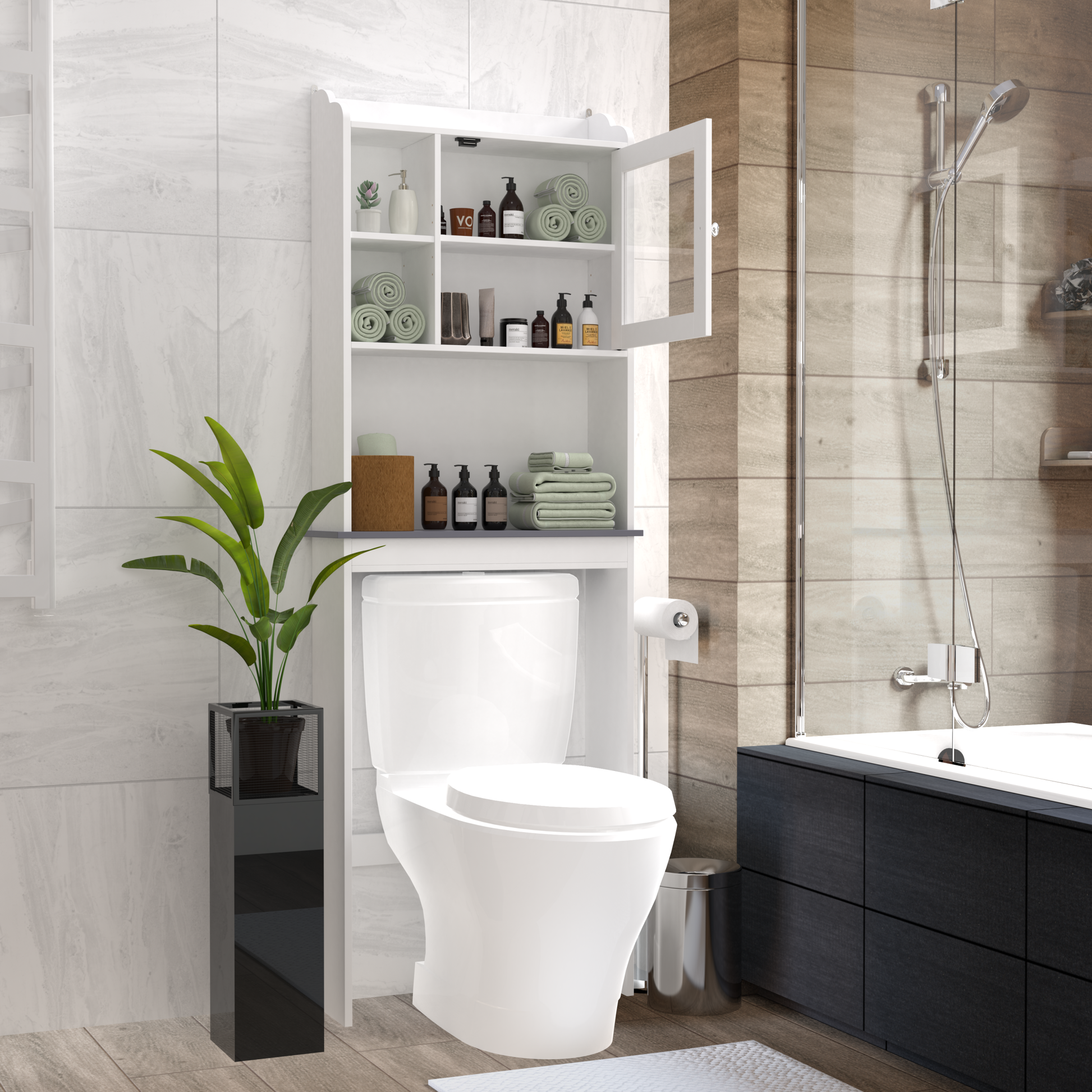 Modern Over The Toilet Space Saver Organization Wood Storage Cabinet For Home, Bathroom White White Mdf