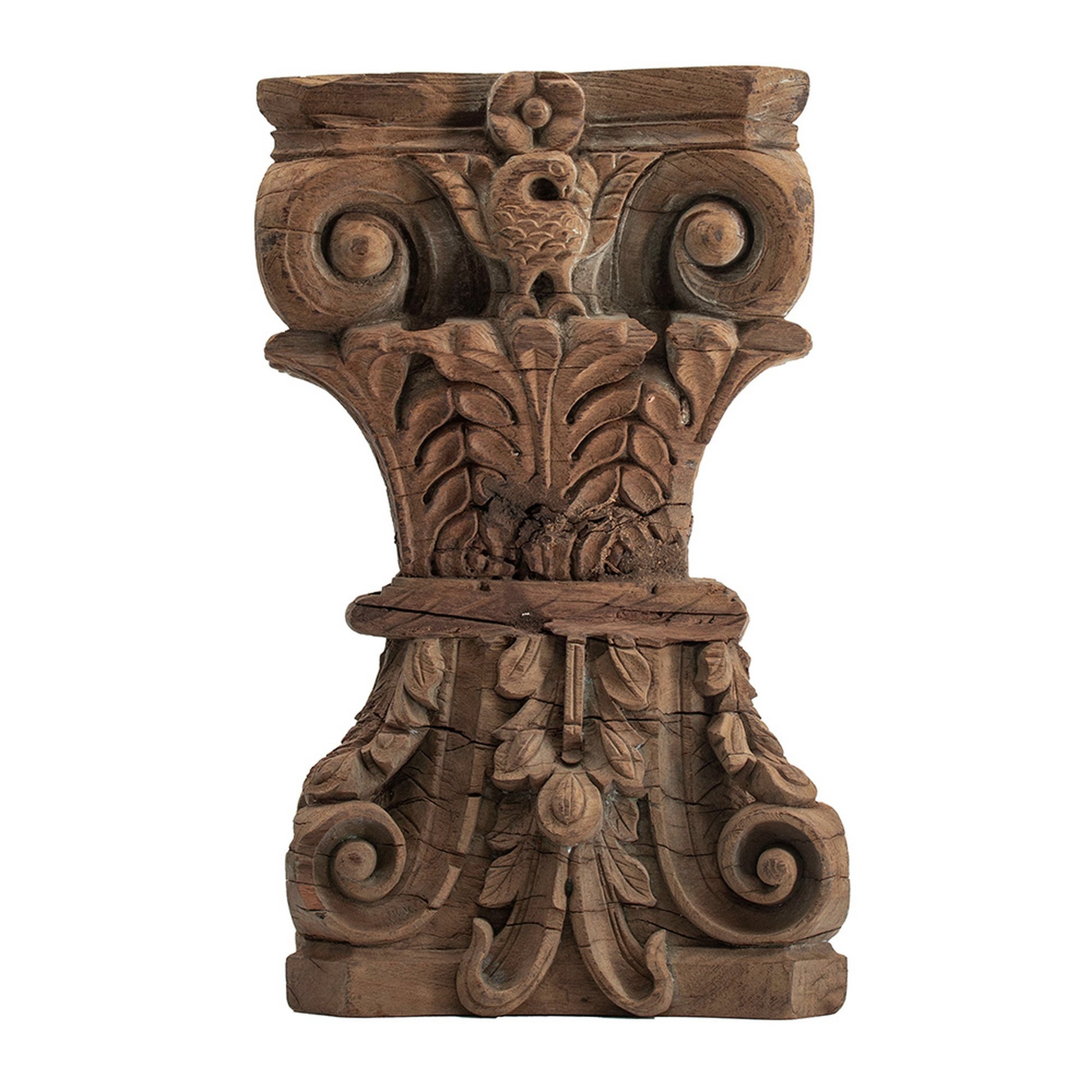 19 Inch Classic Stool Table, Carved Pillar Accent, Wood, Antique Brown Antique Brown Wood