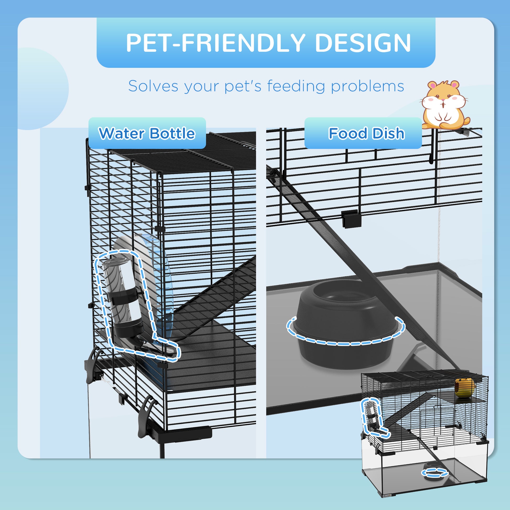 Pawhut Hamster Cage, 23.5" Gerbil Cage With Glass Basin, Ramps, Platforms, Hut, Exercise Wheel, For Small Hamsters, Black Black Steel