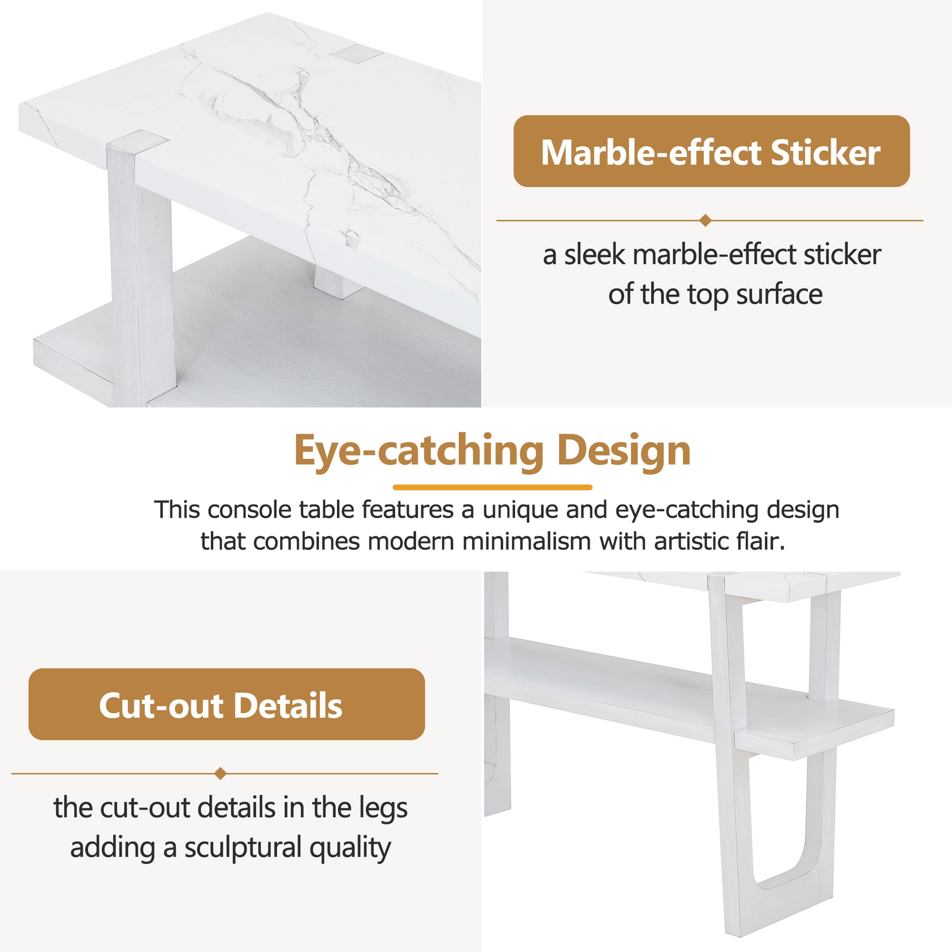 Retro Elegant Console Table With Marble Effect Top And Versatile Storage Solutions For Entryway And Living Room Antique White Antique White Solid Wood Mdf