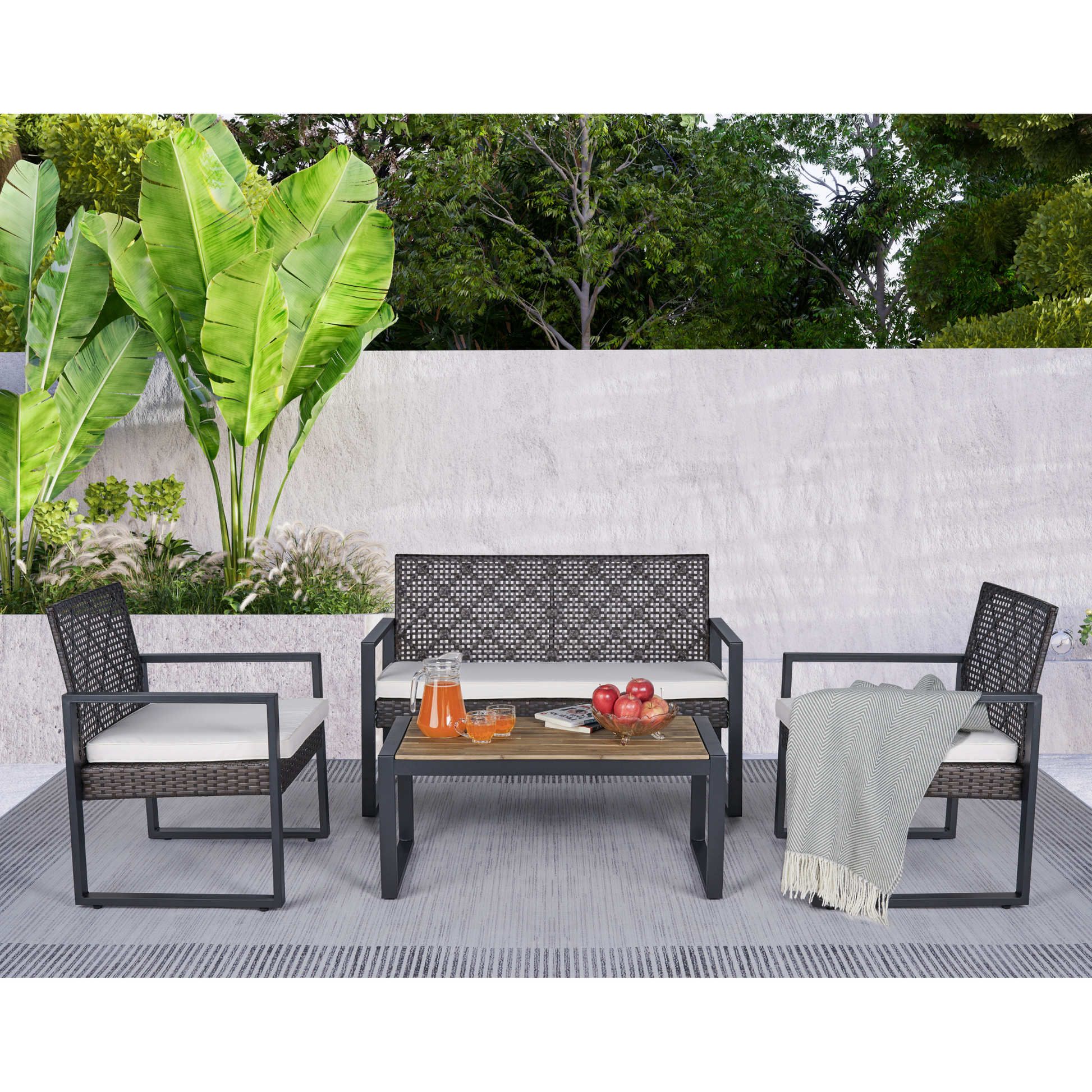 4 Piece Patio Furniture Set Outdoor Balcony Porch Garden Backyard Lawn Furniture Acacia Wood Table Top, Morden Brown And Beige Cushion Yes Sectional Brown Seats 4 Rust Resistant Frame Water Resistant Cushion Garden & Outdoor American Design,American